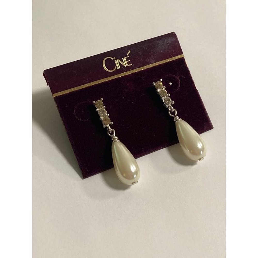 Vintage Cine Rhinestone Teardrop Faux Pearl Pierced Earrings